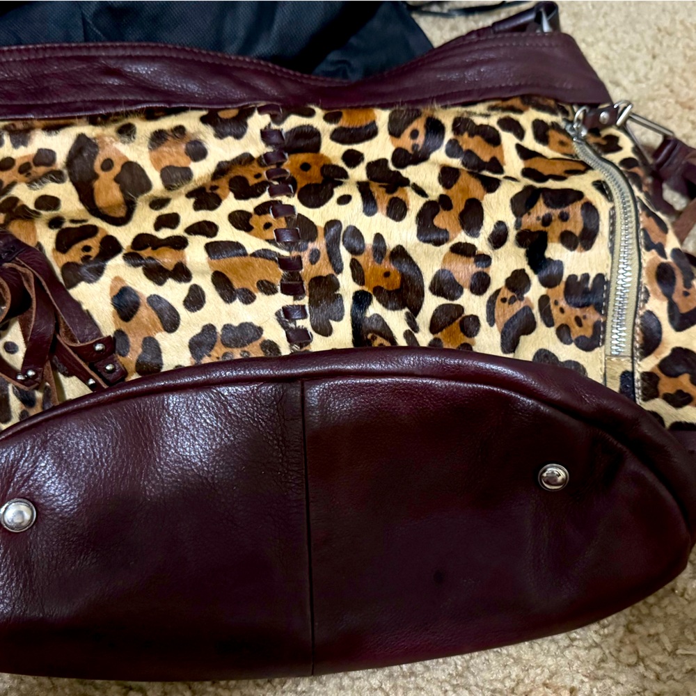 Leopard Print and Burgundy Leather Women's Bag. B. Makowski